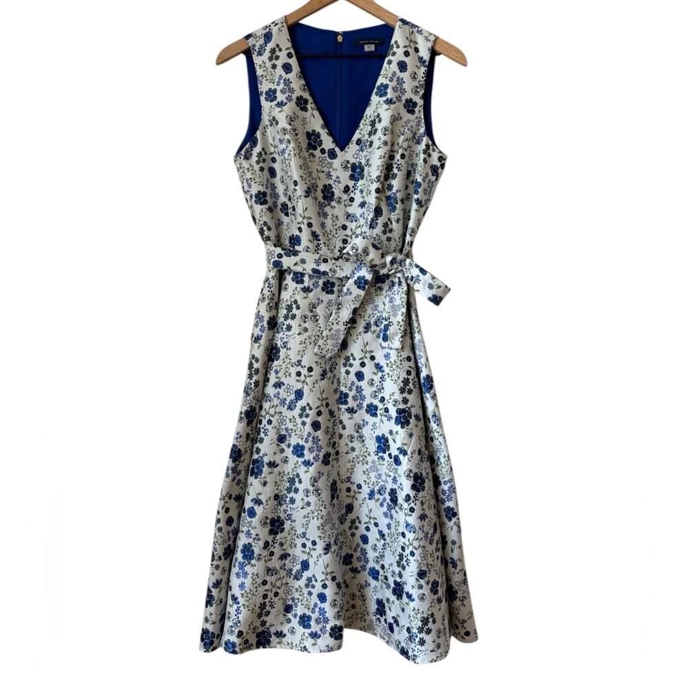 Tommy Hilfiger Tie Waist Floral Blue Print Dress Sz 6 Sleeveless Knee Length
